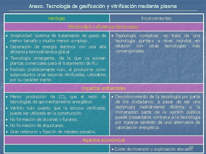 Anexo. Tecnología de gasificación y vitrificación mediante plasma Ventajas Inconvenientes Efectividad y eficiencia del