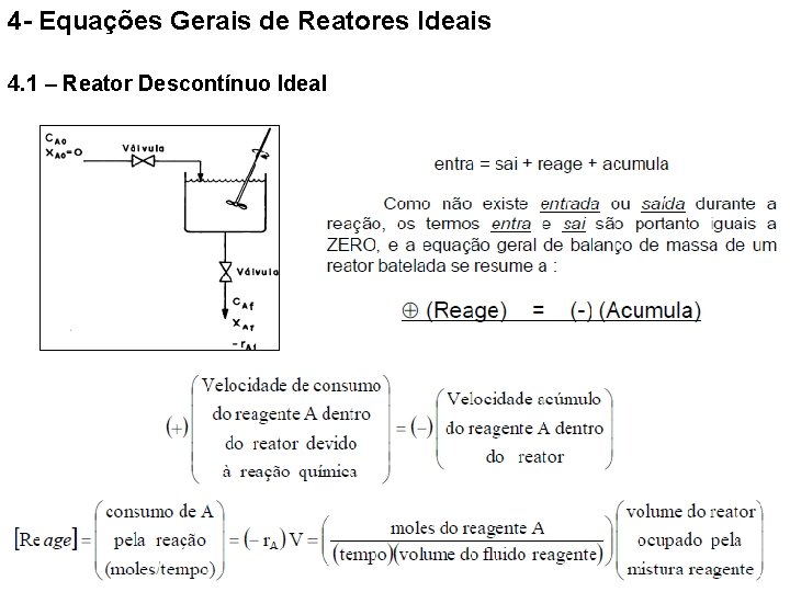 4 - Equações Gerais de Reatores Ideais 4. 1 – Reator Descontínuo Ideal 