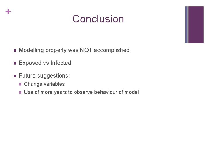 + Conclusion n Modelling properly was NOT accomplished n Exposed vs Infected n Future
