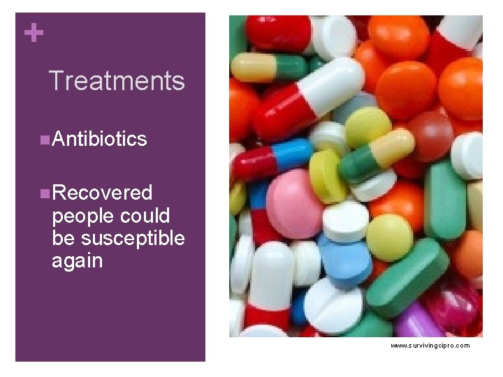 + Treatments n Antibiotics n Recovered people could be susceptible again www. survivingcipro. com