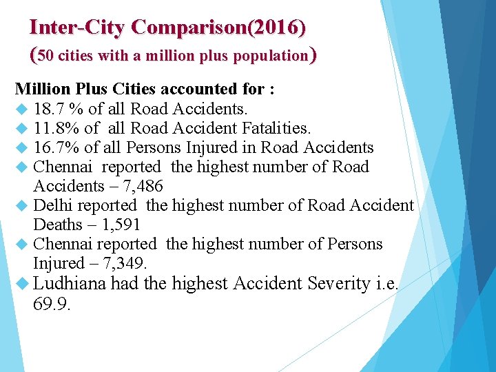 Inter-City Comparison(2016) (50 cities with a million plus population) Million Plus Cities accounted for