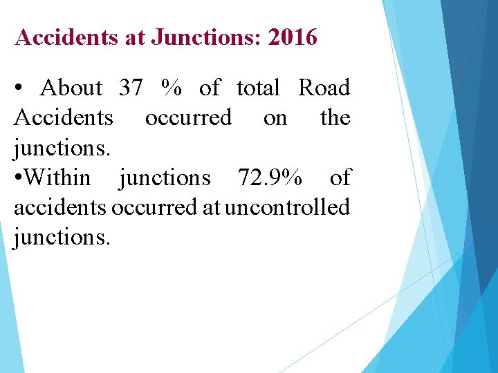 Accidents at Junctions: 2016 • About 37 % of total Road Accidents occurred on
