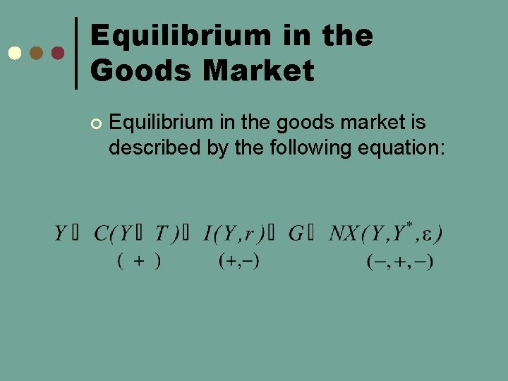 Equilibrium in the Goods Market ¢ Equilibrium in the goods market is described by