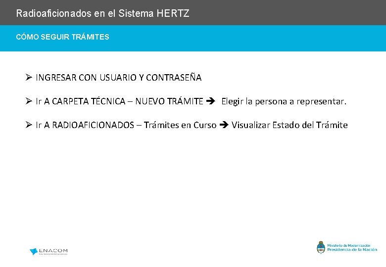 Radioaficionados en el Sistema HERTZ CÓMO SEGUIR TRÁMITES Ø INGRESAR CON USUARIO Y CONTRASEÑA