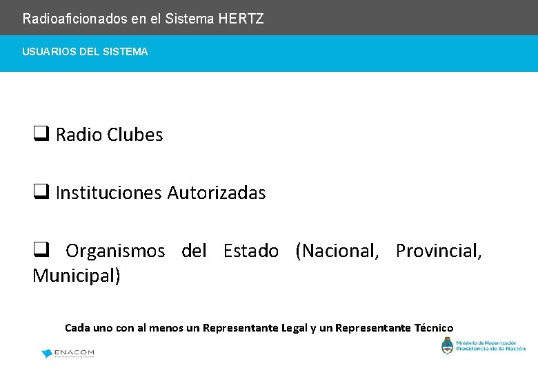 Radioaficionados en el Sistema HERTZ USUARIOS DEL SISTEMA q Radio Clubes q Instituciones Autorizadas