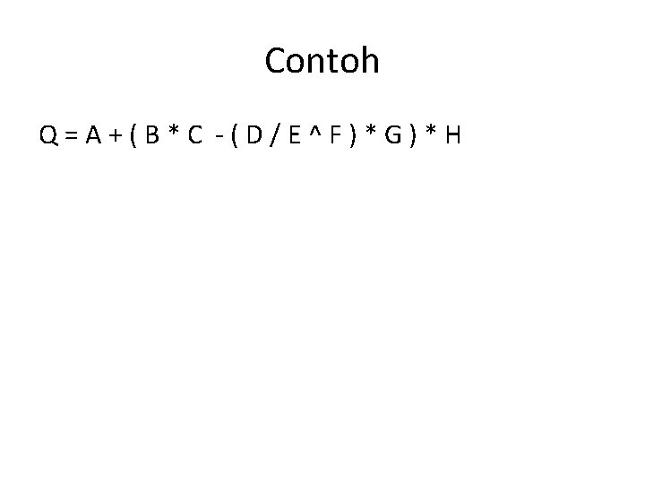Contoh Q=A+(B*C -(D/E^F)*G)*H 