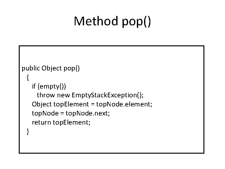 Method pop() public Object pop() { if (empty()) throw new Empty. Stack. Exception(); Object