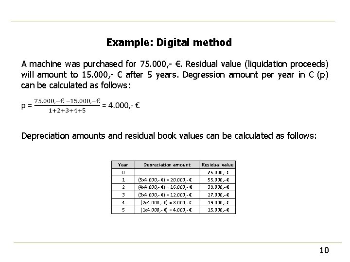 Example: Digital method A machine was purchased for 75. 000, - €. Residual value Example: Digital method A machine was purchased for 75. 000, - €. Residual value