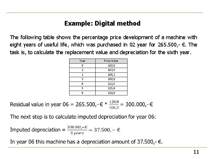Example: Digital method The following table shows the percentage price development of a machine Example: Digital method The following table shows the percentage price development of a machine