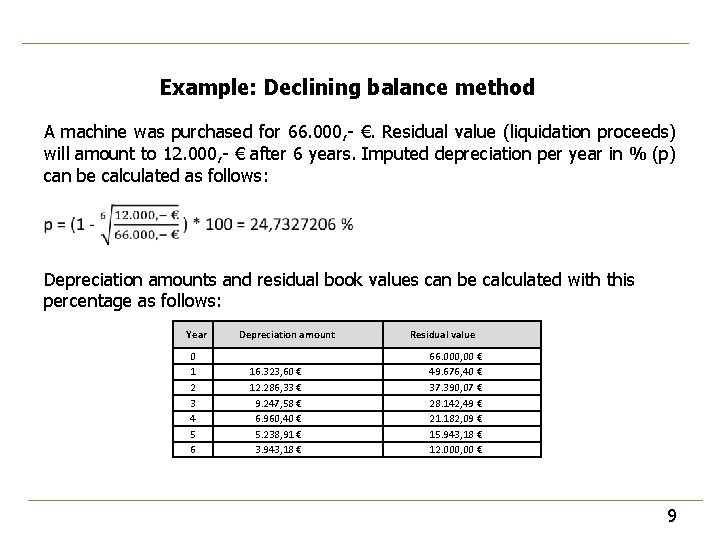 Example: Declining balance method A machine was purchased for 66. 000, - €. Residual Example: Declining balance method A machine was purchased for 66. 000, - €. Residual