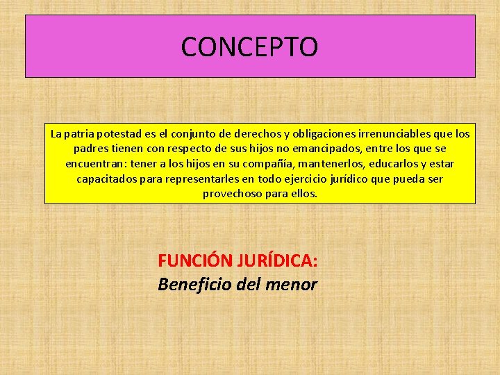 CONCEPTO La patria potestad es el conjunto de derechos y obligaciones irrenunciables que los