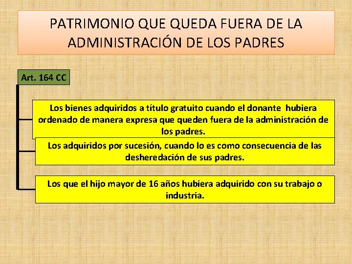 PATRIMONIO QUEDA FUERA DE LA ADMINISTRACIÓN DE LOS PADRES Art. 164 CC Los bienes