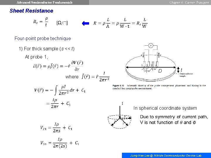 Advanced Semiconductor Fundamentals Chapter 6. Carrier Transport Sheet Resistance Four-point probe technique 1) For