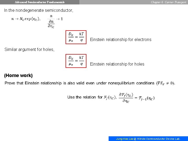 Advanced Semiconductor Fundamentals Chapter 6. Carrier Transport In the nondegenerate semiconductor, Einstein relationship for