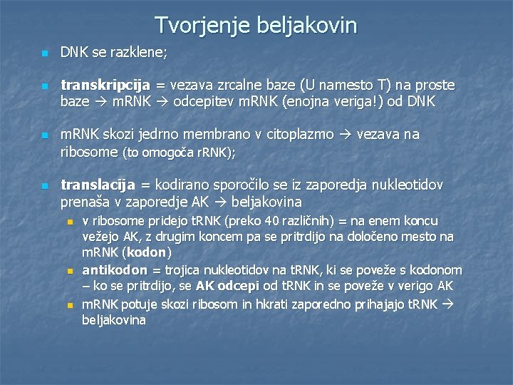 Tvorjenje beljakovin n n DNK se razklene; transkripcija = vezava zrcalne baze (U namesto