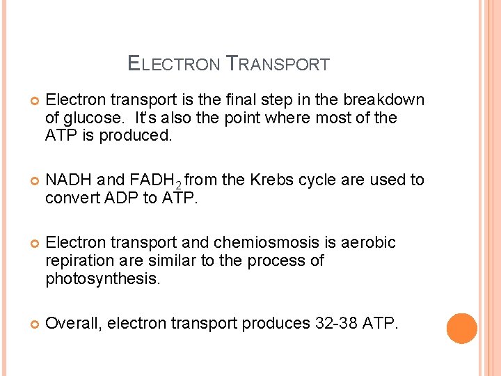 ELECTRON TRANSPORT Electron transport is the final step in the breakdown of glucose. It’s ELECTRON TRANSPORT Electron transport is the final step in the breakdown of glucose. It’s
