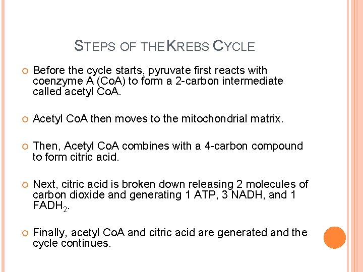 STEPS OF THE KREBS CYCLE Before the cycle starts, pyruvate first reacts with coenzyme STEPS OF THE KREBS CYCLE Before the cycle starts, pyruvate first reacts with coenzyme