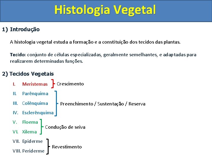 Histologia Vegetal 1) Introdução A histologia vegetal estuda a formação e a constituição dos
