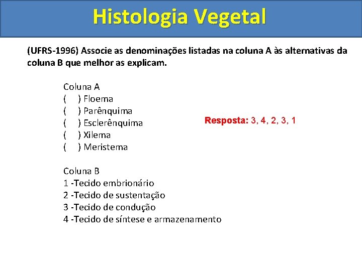 Histologia Vegetal (UFRS-1996) Associe as denominações listadas na coluna A às alternativas da coluna