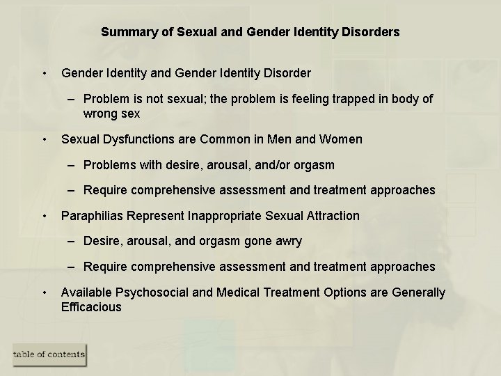 Summary of Sexual and Gender Identity Disorders • Gender Identity and Gender Identity Disorder