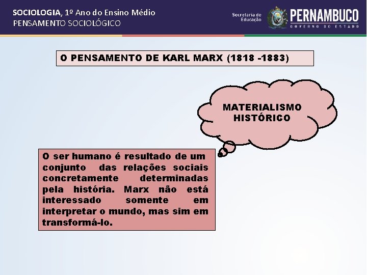 SOCIOLOGIA, 1º Ano do Ensino Médio PENSAMENTO SOCIOLÓGICO O PENSAMENTO DE KARL MARX (1818