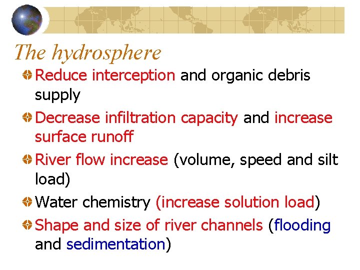 The hydrosphere Reduce interception and organic debris supply Decrease infiltration capacity and increase surface