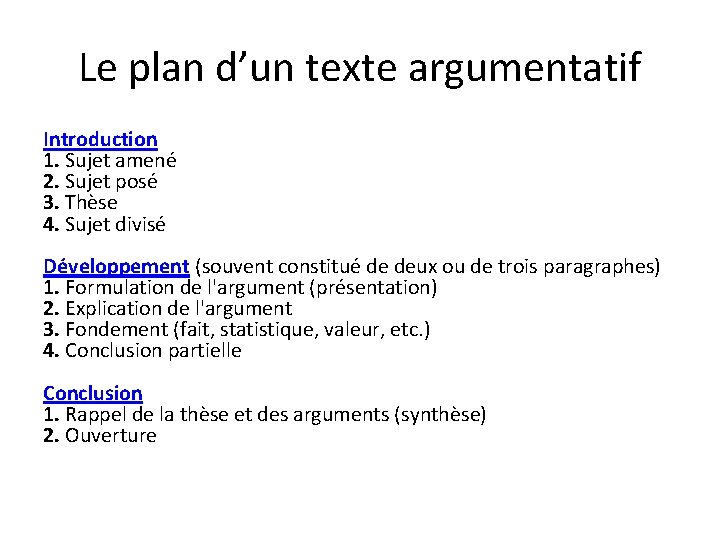 Le plan d’un texte argumentatif Introduction 1. Sujet amené 2. Sujet posé 3. Thèse