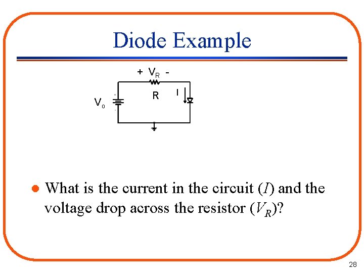 Diode Example + VR Vo l R I What is the current in the