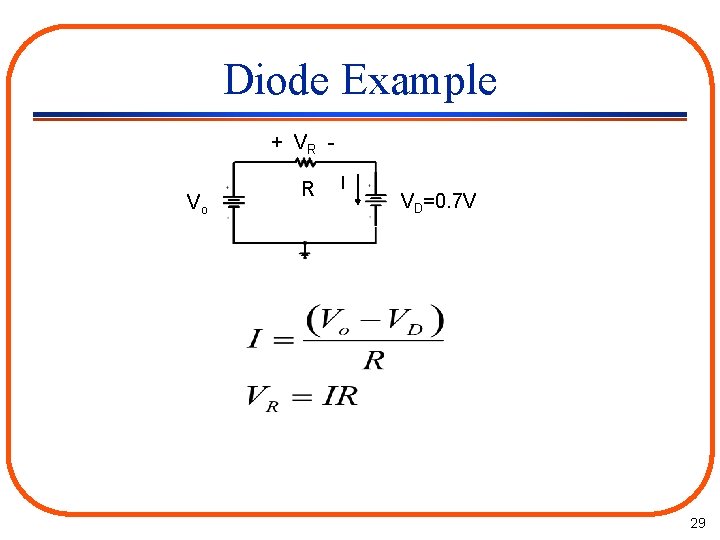 Diode Example + VR Vo R I VD=0. 7 V 29 