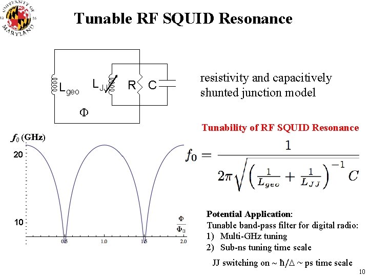 Tunable RF SQUID Resonance LJJ Lgeo R C resistivity and capacitively shunted junction model