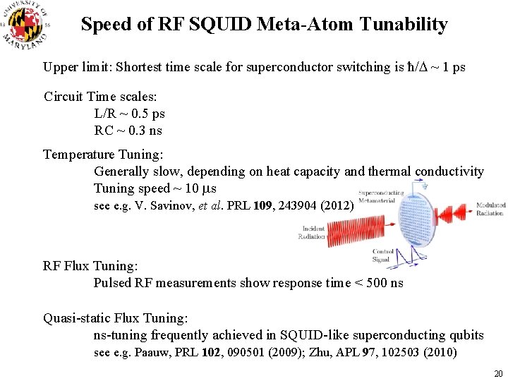 Speed of RF SQUID Meta-Atom Tunability Upper limit: Shortest time scale for superconductor switching