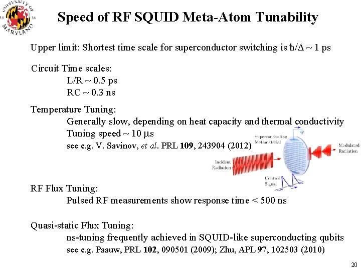 Speed of RF SQUID Meta-Atom Tunability Upper limit: Shortest time scale for superconductor switching
