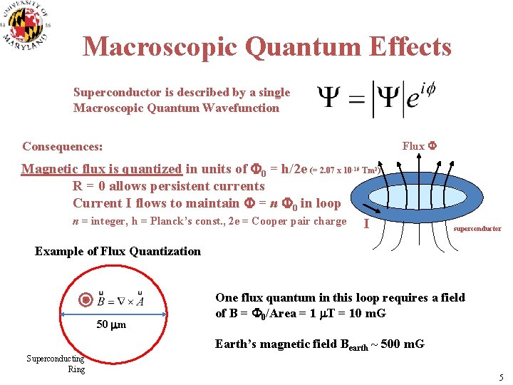 Macroscopic Quantum Effects Superconductor is described by a single Macroscopic Quantum Wavefunction Flux F