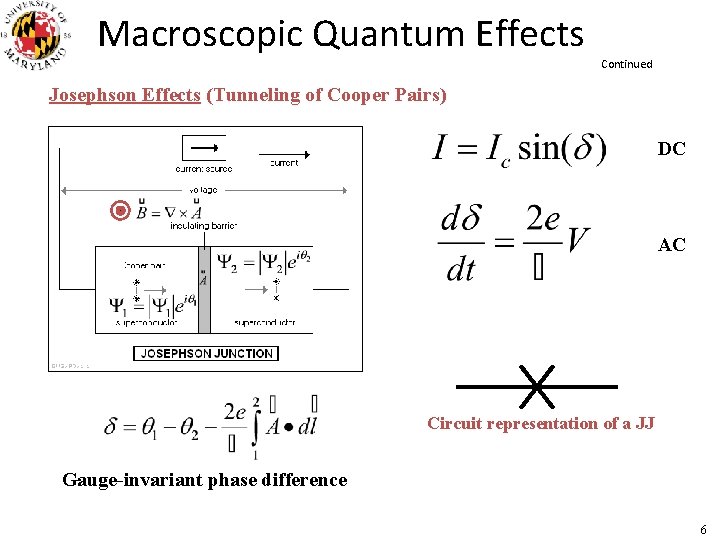 Macroscopic Quantum Effects Continued Josephson Effects (Tunneling of Cooper Pairs) DC AC Circuit representation