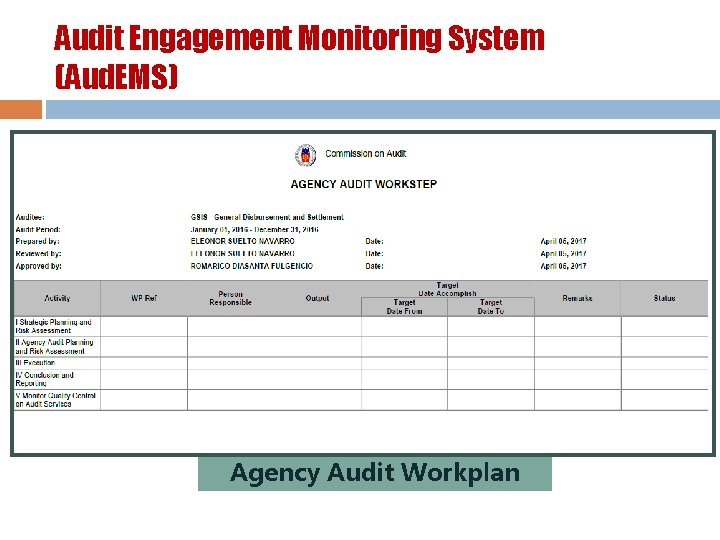 Audit Engagement Monitoring System (Aud. EMS) Agency Audit Workplan 