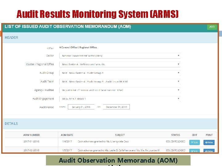 Audit Results Monitoring System (ARMS) Audit Observation Memoranda (AOM) 