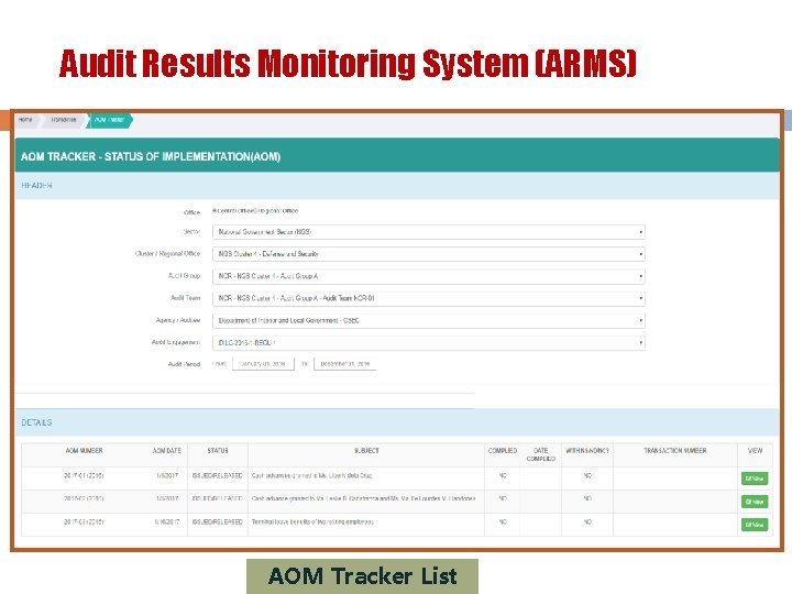 Audit Results Monitoring System (ARMS) AOM Tracker List 