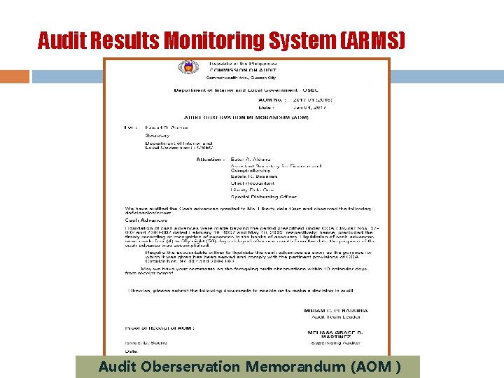 Audit Results Monitoring System (ARMS) Audit Oberservation Memorandum (AOM ) 