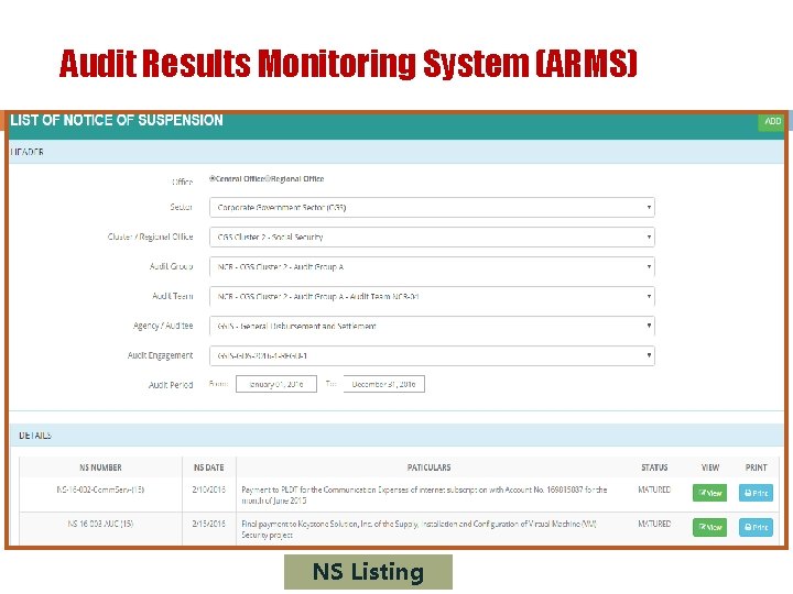 Audit Results Monitoring System (ARMS) NS Listing 