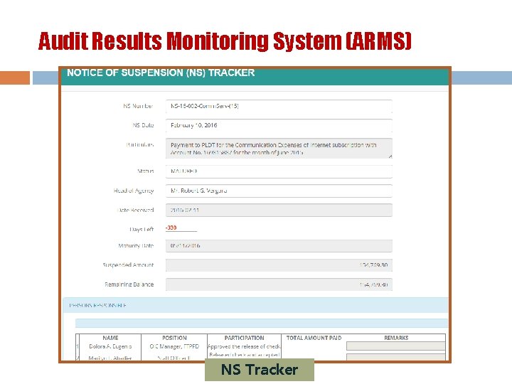 Audit Results Monitoring System (ARMS) NS Tracker 
