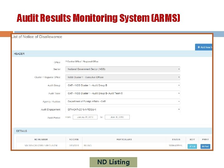 Audit Results Monitoring System (ARMS) ND Listing 