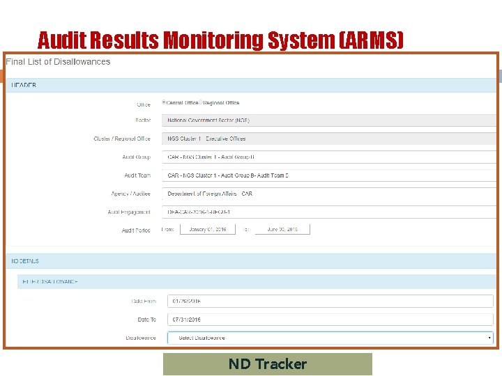 Audit Results Monitoring System (ARMS) ND Tracker 