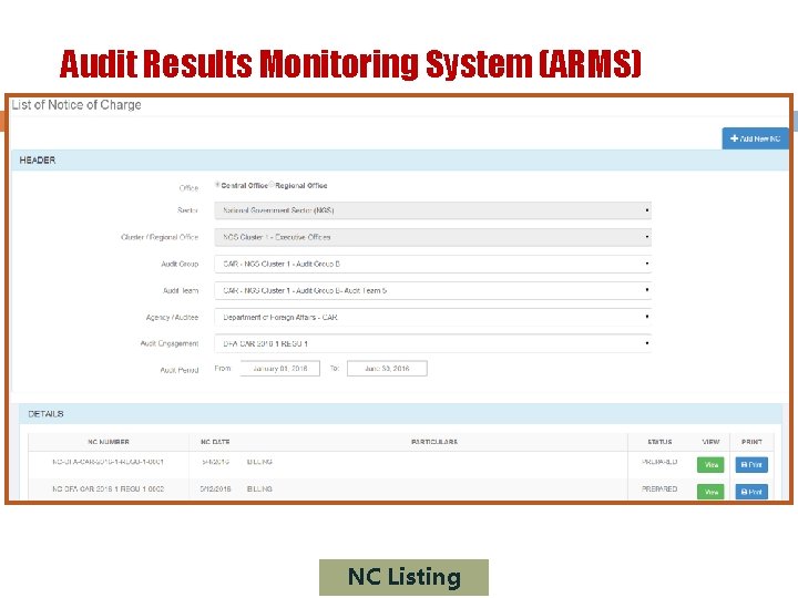 Audit Results Monitoring System (ARMS) NC Listing 