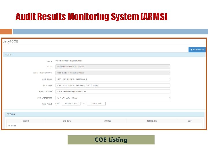 Audit Results Monitoring System (ARMS) COE Listing 