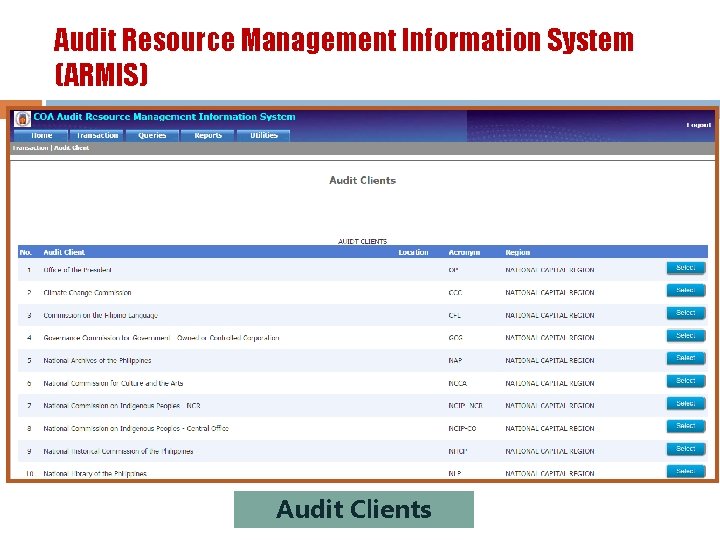 Audit Resource Management Information System (ARMIS) Audit Clients 