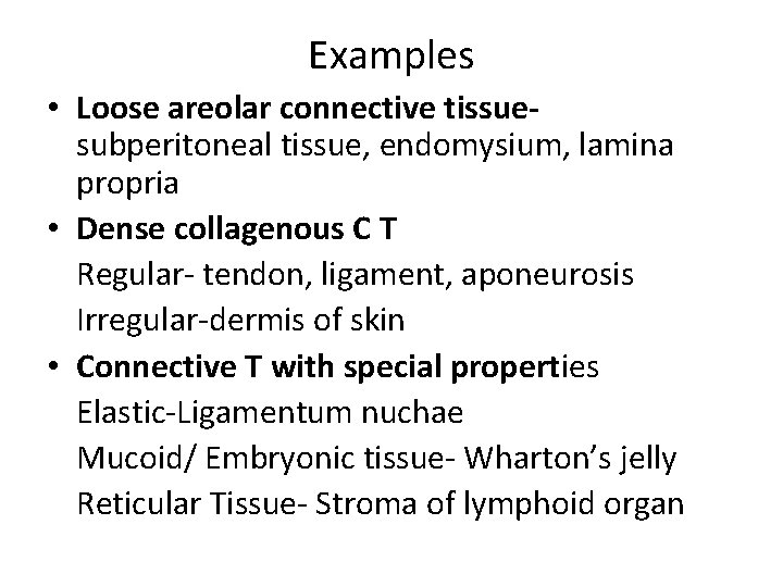 Examples • Loose areolar connective tissuesubperitoneal tissue, endomysium, lamina propria • Dense collagenous C