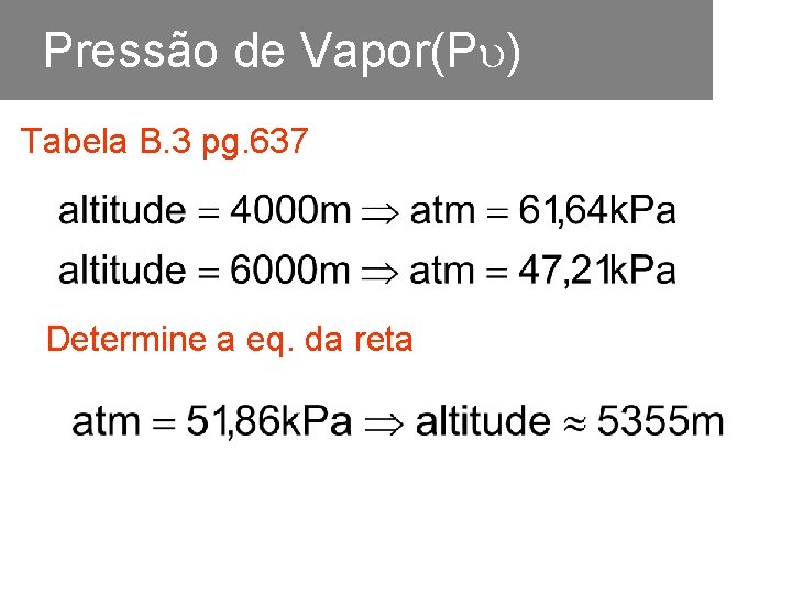 Pressão de Vapor(P ) Tabela B. 3 pg. 637 Determine a eq. da reta