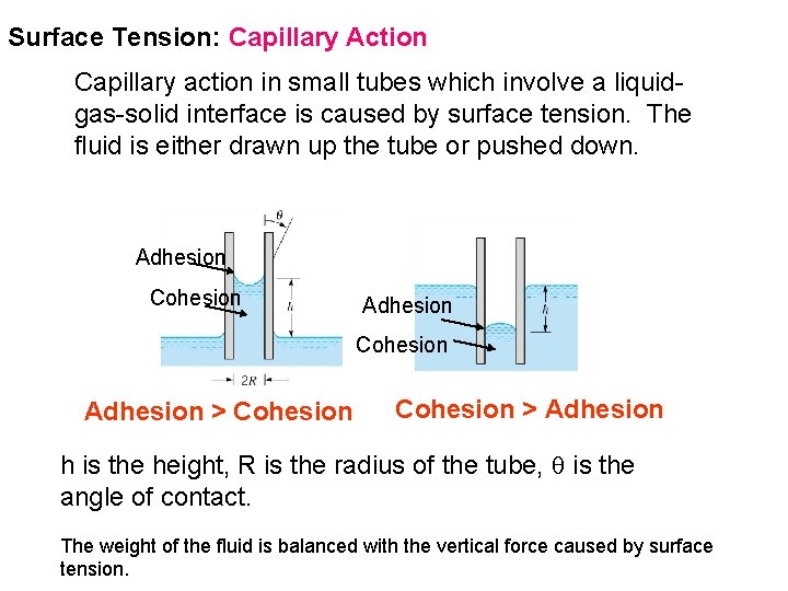 Surface Tension: Capillary Action Capillary action in small tubes which involve a liquidgas-solid interface