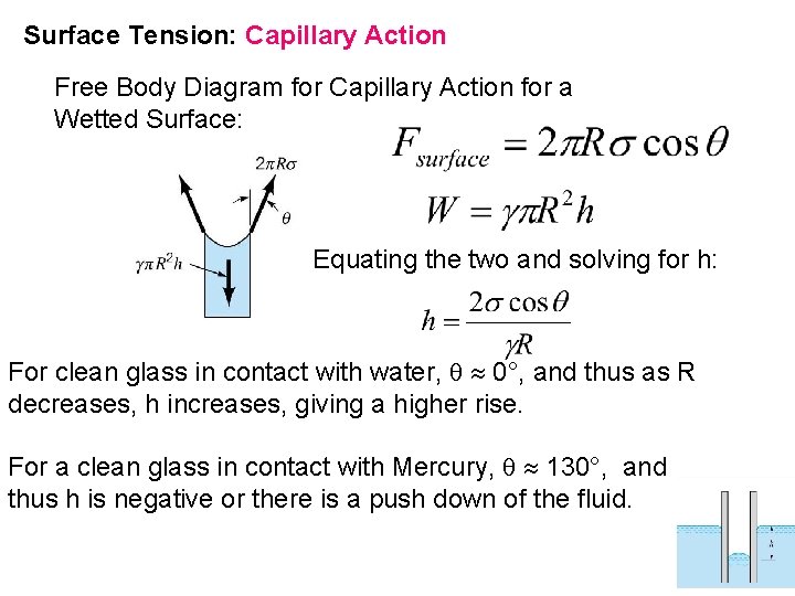 Surface Tension: Capillary Action Free Body Diagram for Capillary Action for a Wetted Surface: