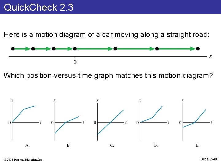 Quick. Check 2. 3 Here is a motion diagram of a car moving along